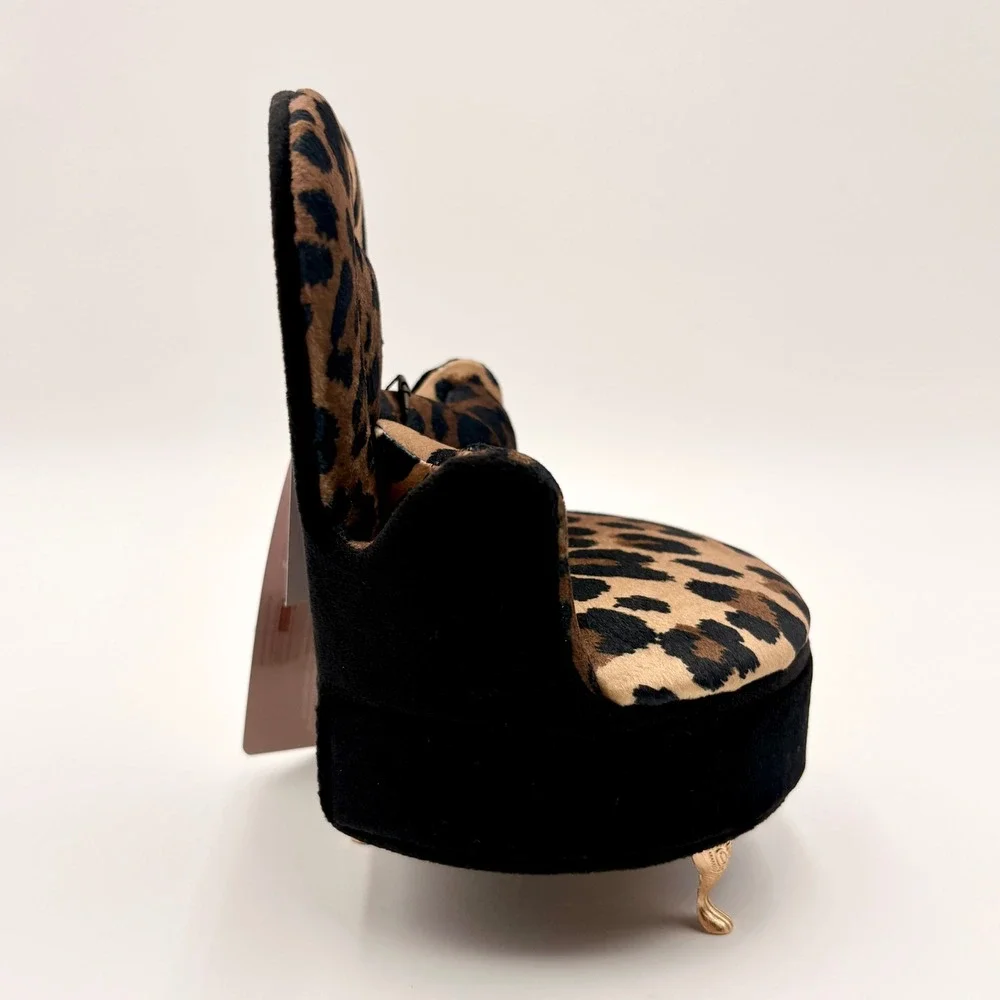 Willow & Riley Leopard Velvet Heart Armchair Jewelry Box Mirror Gold Legs NEW